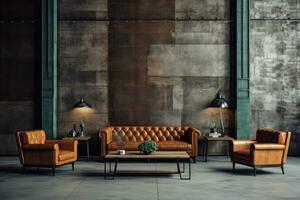 Hotel lobby with industrial style furniture profesional photograpy Ai Generated photo