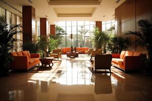 Hotel lobby with european style furniture profesional photograpy Ai Generated photo