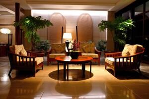 Hotel lobby with chinese style furniture profesional photograpy Ai Generated photo