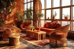 Hotel lobby with boho style furniture profesional photograpy Ai Generated photo