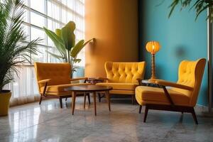 Hotel lobby with vintage style furniture profesional photograpy Ai Generated photo