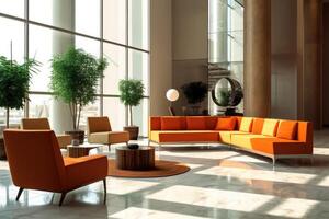 Hotel lobby with urban style furniture profesional photograpy Ai Generated photo