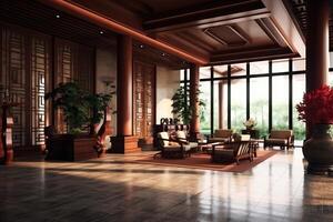 Hotel lobby with chinese style furniture profesional photograpy Ai Generated photo