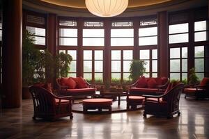 Hotel lobby with chinese style furniture profesional photograpy Ai Generated photo