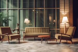 Hotel lobby with vintage style furniture profesional photograpy Ai Generated photo