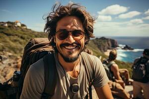 hermoso joven hombre turista teniendo divertido en verano vacaciones sonriente y mirando a cámara. generativo ai foto