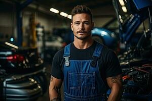 técnico, masculino auto mecánico en bata en moderno auto reparar comercio, cochera. generativo ai foto