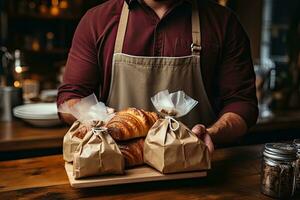 Employees package customers with fresh pastries in a stylish shop.. Generative AI photo