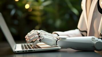 Robot hands typing laptop. Concept of future technology, machine learning or automation photo