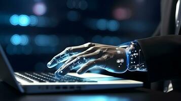 Robot hands typing laptop. Concept of future technology, machine learning or automation photo