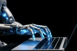Robot hands typing laptop. Concept of future technology, machine learning or automation photo