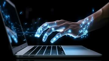 Robot hands typing laptop. Concept of future technology, machine learning or automation photo
