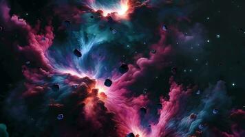 Abstract space travel to pink blue nebula galaxy background video