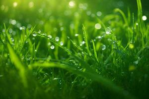 a breathtaking scene of fresh green grass glistening with dewdrops in the soft morning sunlight. photo