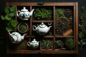 un de madera té cofre con un surtido de teteras, tazas, y hierbas foto