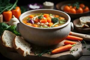 Pumpkin soup with cream, parsley and pumpkin seeds on dark background photo