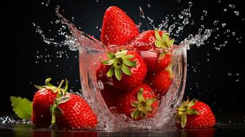Fresh juicy strawberry fruit with water splash isolated on background, healthy fruit, AI Generative photo