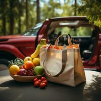 compras bolso con comestibles y coche estacionamiento en el atrás, ai generativo foto