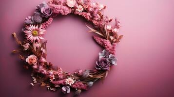 Top view of Blooming colorful wreath flowers and petals isolated on pastel table background, Floral frame composition, copy space, flat lay, AI Generative photo