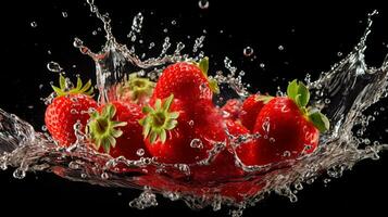 Fresh juicy strawberry fruit with water splash isolated on background, healthy fruit photo