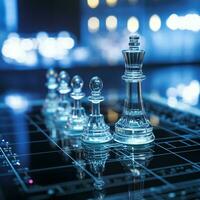 Close-up of a game of chess technology design display Business Management Performance and Financial Flows, strategy board game, problem solving, AI Generative photo