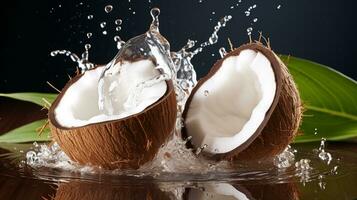 mitades de un Coco con agua chapoteo aislado en fondo, sano tropical alimento., ai generativo foto