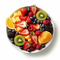 bowl of healthy fresh fruit salad, close up of a colorful Mixed tropical fruit, Copy space, AI Generative photo