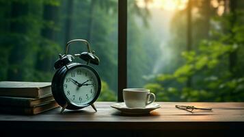 Stunning nature background, Amazing natural scenery, vintage alarm clock, Coffee break photo