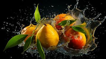 Fresh juicy mango with water splash isolated on background, healthy tropical fruit photo
