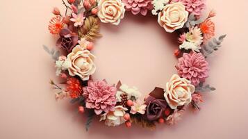 Top view of Blooming colorful wreath flowers and petals isolated on pastel table background, Floral frame composition, copy space, flat lay, AI Generative photo