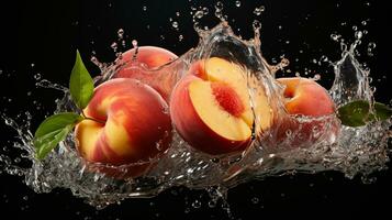 Fresco jugoso melocotón Fruta con agua chapoteo aislado en fondo, sano Fruta foto