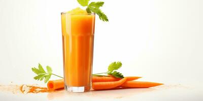 close up of Fresh Carrot Juice with vegetables, isolated on white background, copy space photo