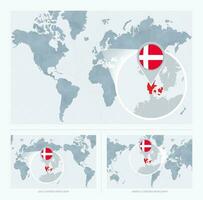 Magnified Denmark over Map of the World, 3 versions of the World Map with flag and map of Denmark. vector