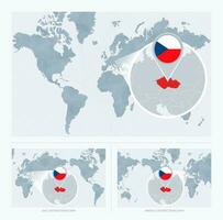 Magnified Czech Republic over Map of the World, 3 versions of the World Map with flag and map of Czech Republic. vector