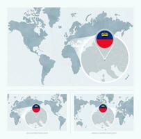 Magnified Liechtenstein over Map of the World, 3 versions of the World Map with flag and map of Liechtenstein. vector