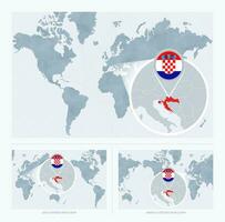 Magnified Croatia over Map of the World, 3 versions of the World Map with flag and map of Croatia. vector