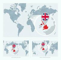 Magnified United Kingdom over Map of the World, 3 versions of the World Map with flag and map of United Kingdom. vector