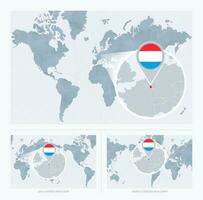 Magnified Luxembourg over Map of the World, 3 versions of the World Map with flag and map of Luxembourg. vector
