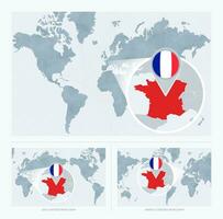 Magnified France over Map of the World, 3 versions of the World Map with flag and map of France. vector