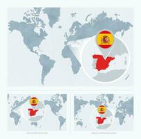 Magnified Spain over Map of the World, 3 versions of the World Map with flag and map of Spain. vector