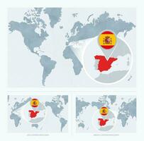 Magnified Spain over Map of the World, 3 versions of the World Map with flag and map of Spain. vector