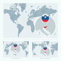 Magnified Slovenia over Map of the World, 3 versions of the World Map with flag and map of Slovenia. vector