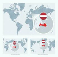 Magnified Latvia over Map of the World, 3 versions of the World Map with flag and map of Latvia. vector