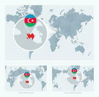 Magnified Azerbaijan over Map of the World, 3 versions of the World Map with flag and map of Azerbaijan. vector