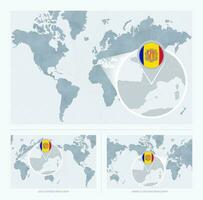 Magnified Andorra over Map of the World, 3 versions of the World Map with flag and map of Andorra. vector