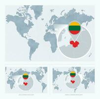 magnificado Lituania terminado mapa de el mundo, 3 versiones de el mundo mapa con bandera y mapa de Lituania. vector