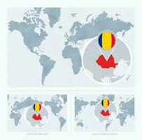 magnificado Rumania terminado mapa de el mundo, 3 versiones de el mundo mapa con bandera y mapa de Rumania. vector