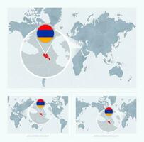 Magnified Armenia over Map of the World, 3 versions of the World Map with flag and map of Armenia. vector