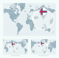 magnificado Feroe islas terminado mapa de el mundo, 3 versiones de el mundo mapa con bandera y mapa de Feroe islas vector