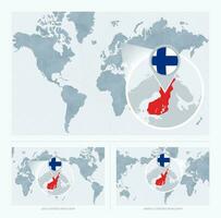 Magnified Finland over Map of the World, 3 versions of the World Map with flag and map of Finland. vector